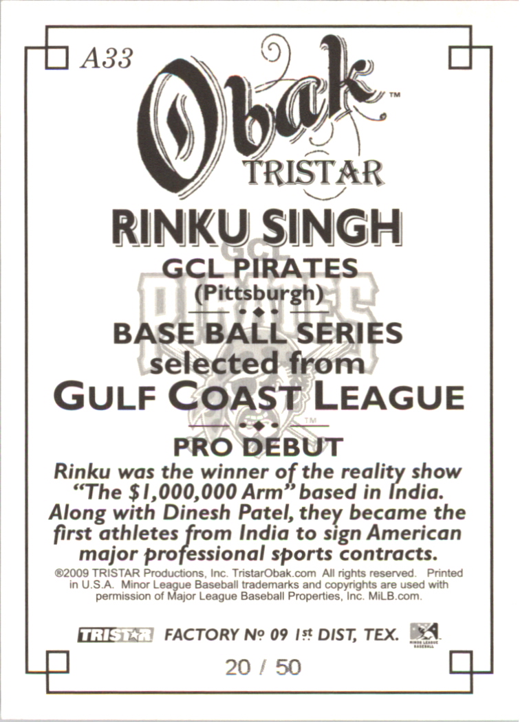 2009 TRISTAR Obak Autographs Black #A33 Rinku Singh back image