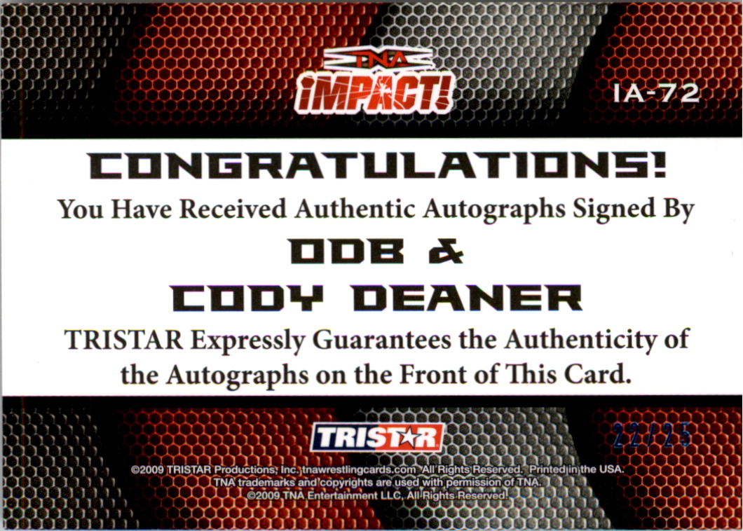 2009 TRISTAR TNA Impact Autographs Blue #IA72 ODB/Cody Deaner back image