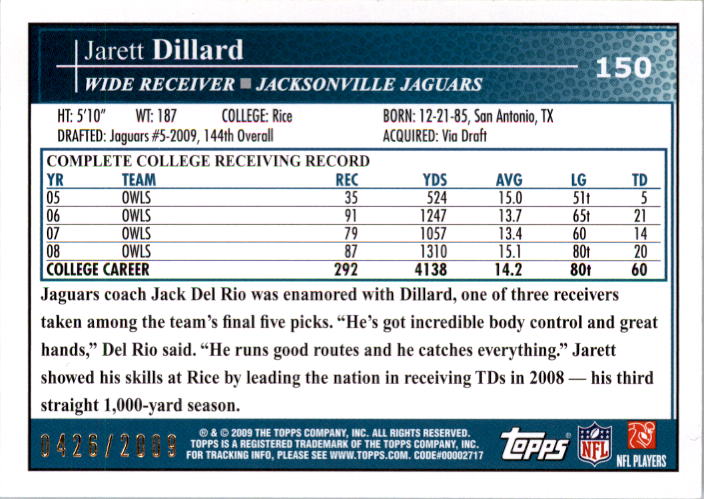 2009 Topps Kickoff Silver Holofoil #150 Jarett Dillard back image