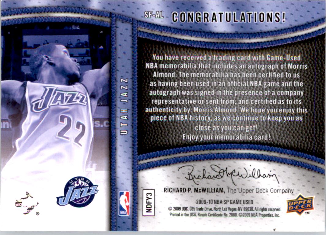 2009-10 SP Game Used Signature Fabrics #SFAL Morris Almond