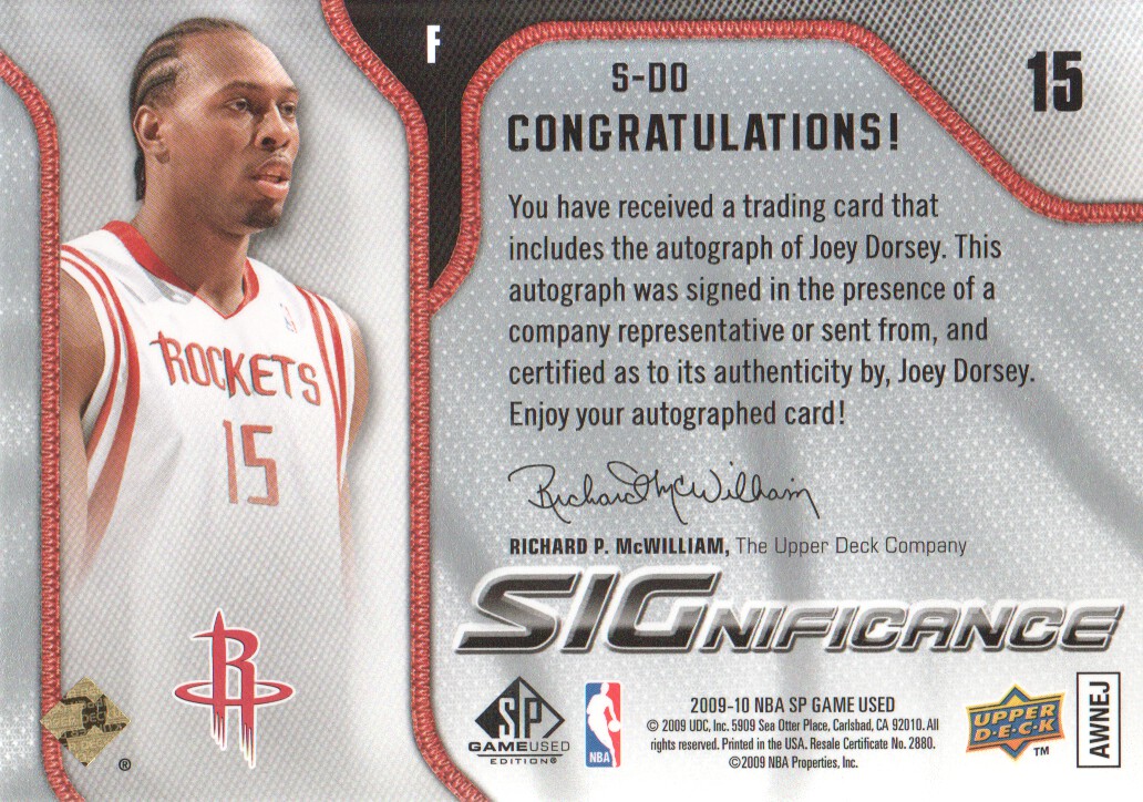 2009-10 SP Game Used SIGnificance #SDO Joey Dorsey back image