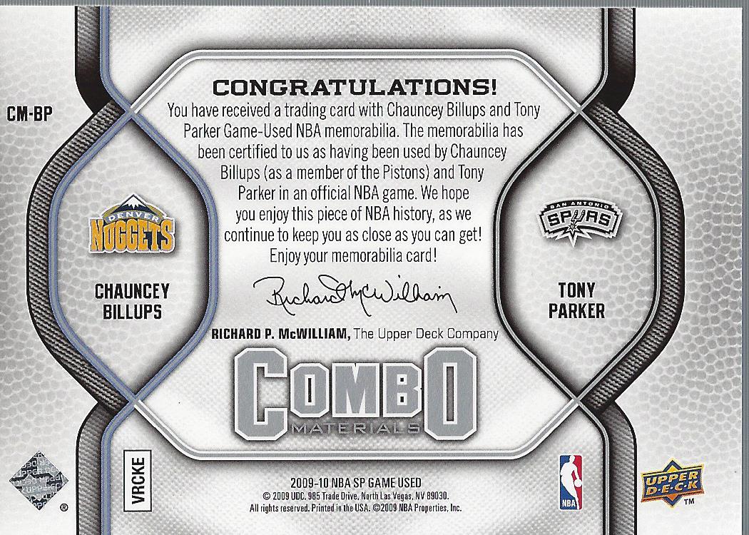 2009-10 SP Game Used Combo Materials #CMBP Chauncey Billups/Tony Parker back image