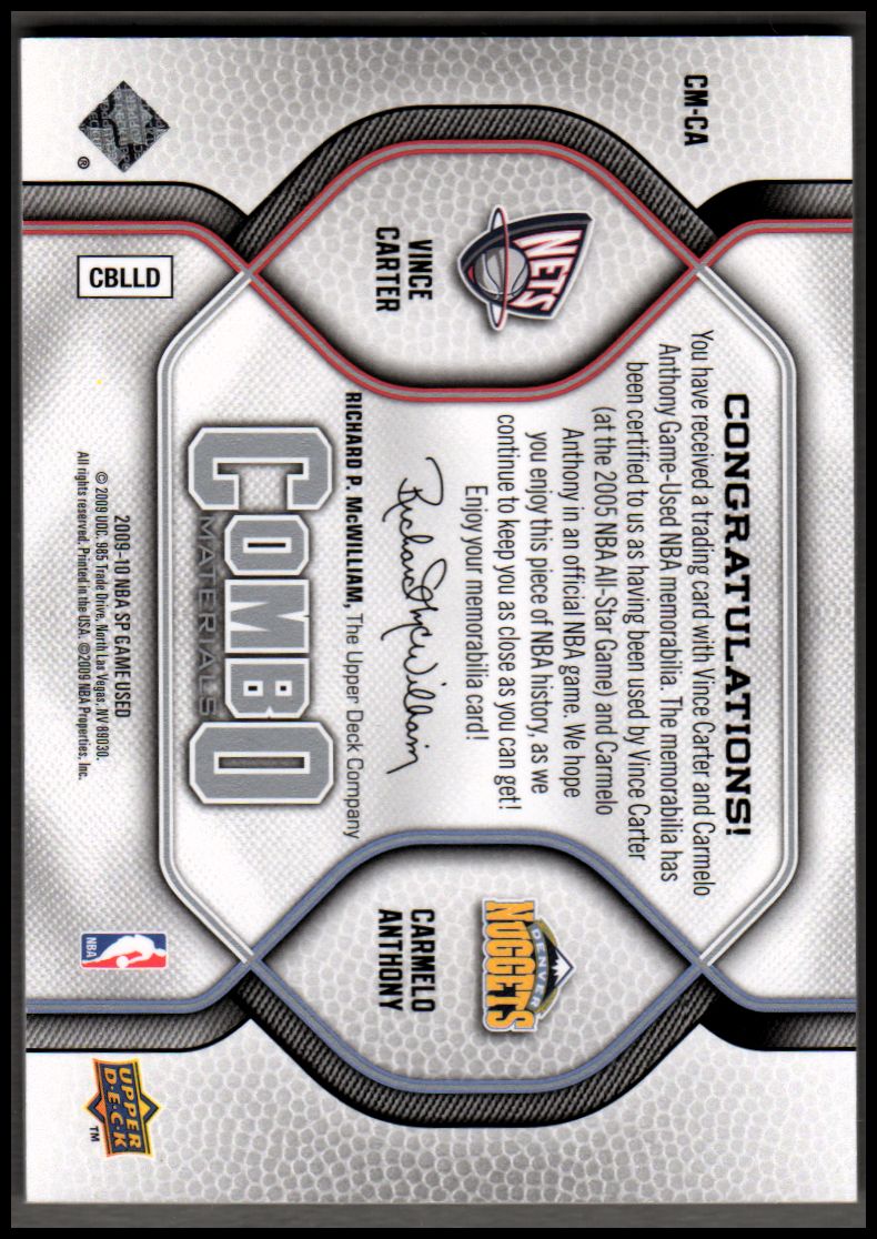 2009-10 SP Game Used Combo Materials #CMCA Vince Carter/Carmelo Anthony back image
