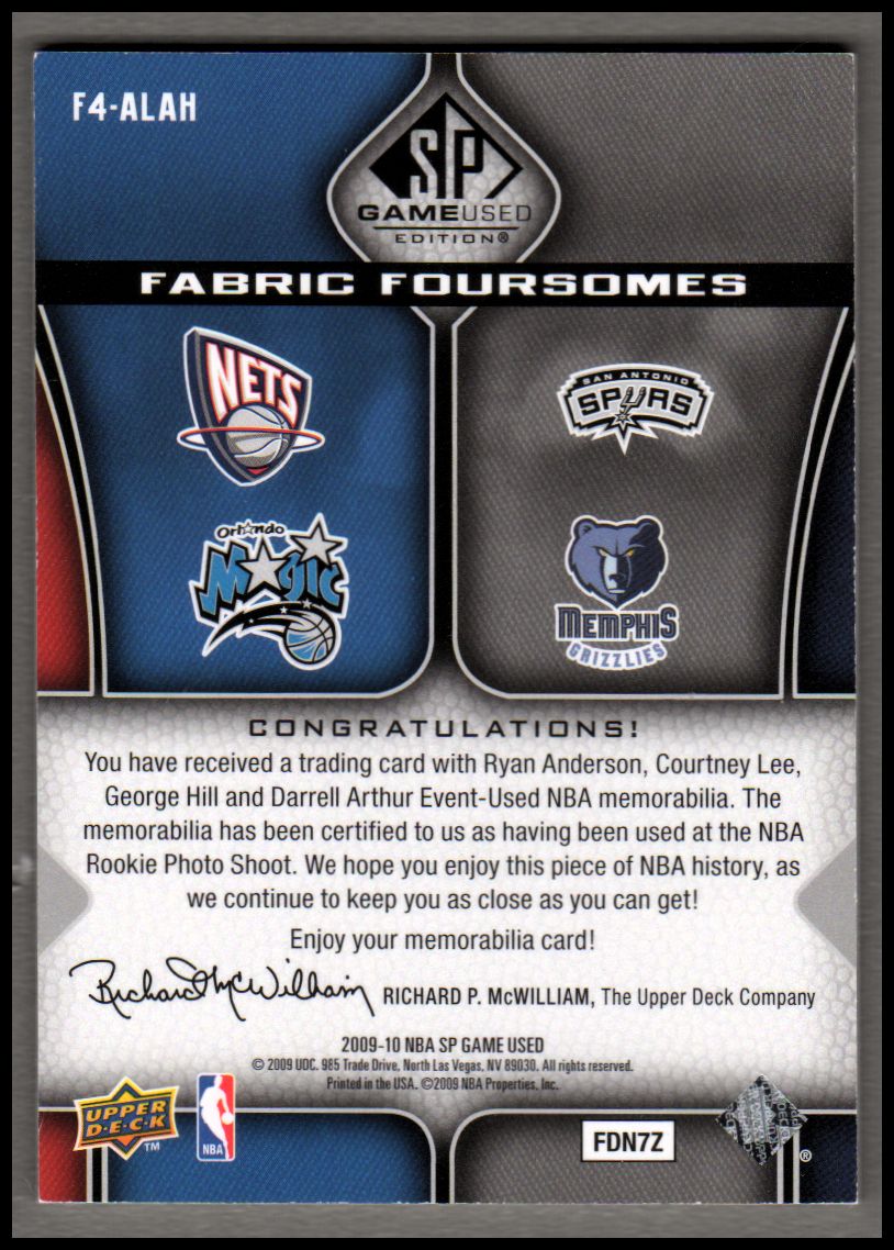 2009-10 SP Game Used Fabric Foursomes 50 #F4ALAH Courtney Lee/George Hill/Ryan Anderson/Darrell Arthur back image