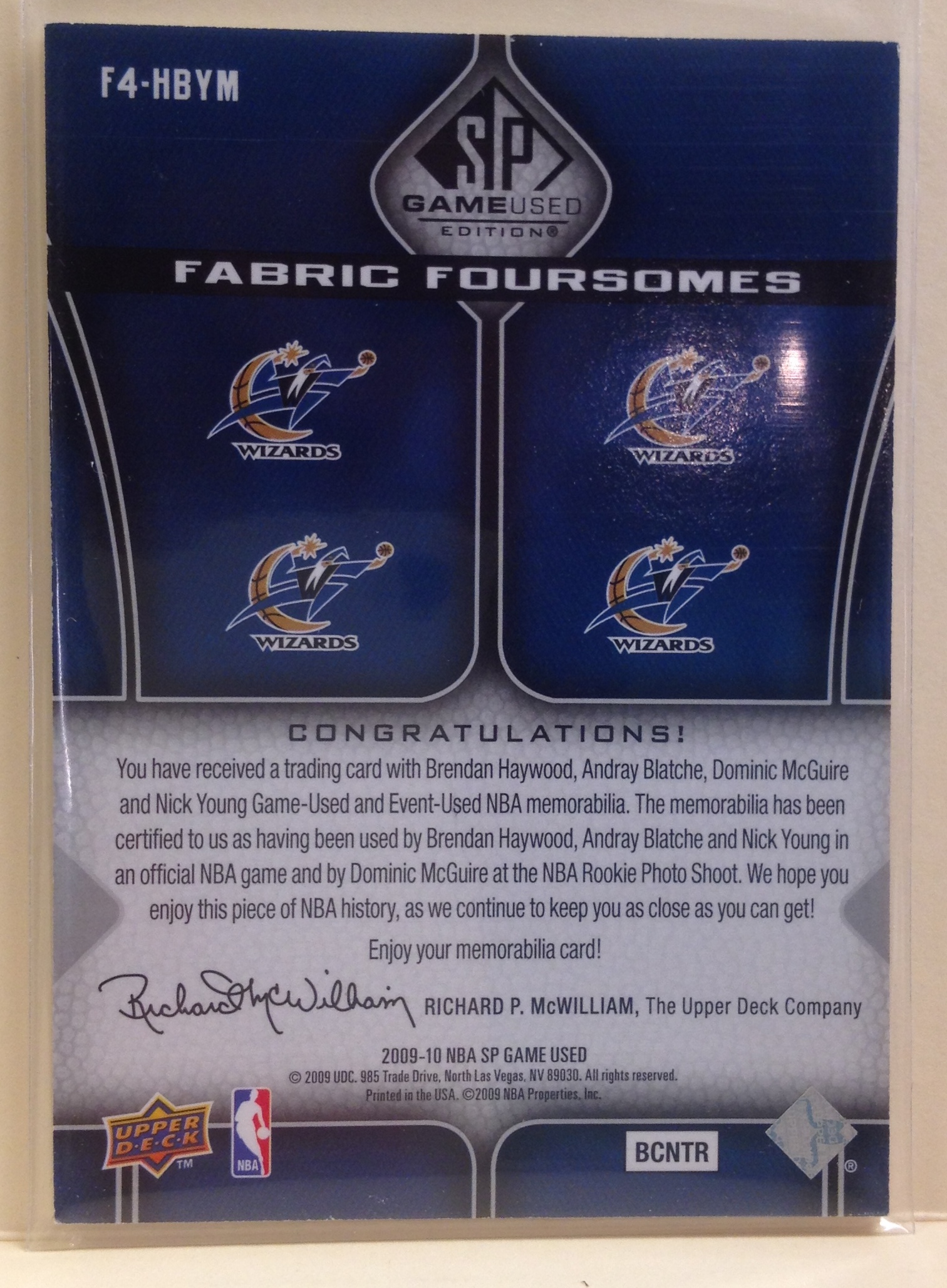 2009-10 SP Game Used Fabric Foursomes 35 #F4HBYM Brendan Haywood/Andray Blatche/Nick Young/Dominic McGuire back image