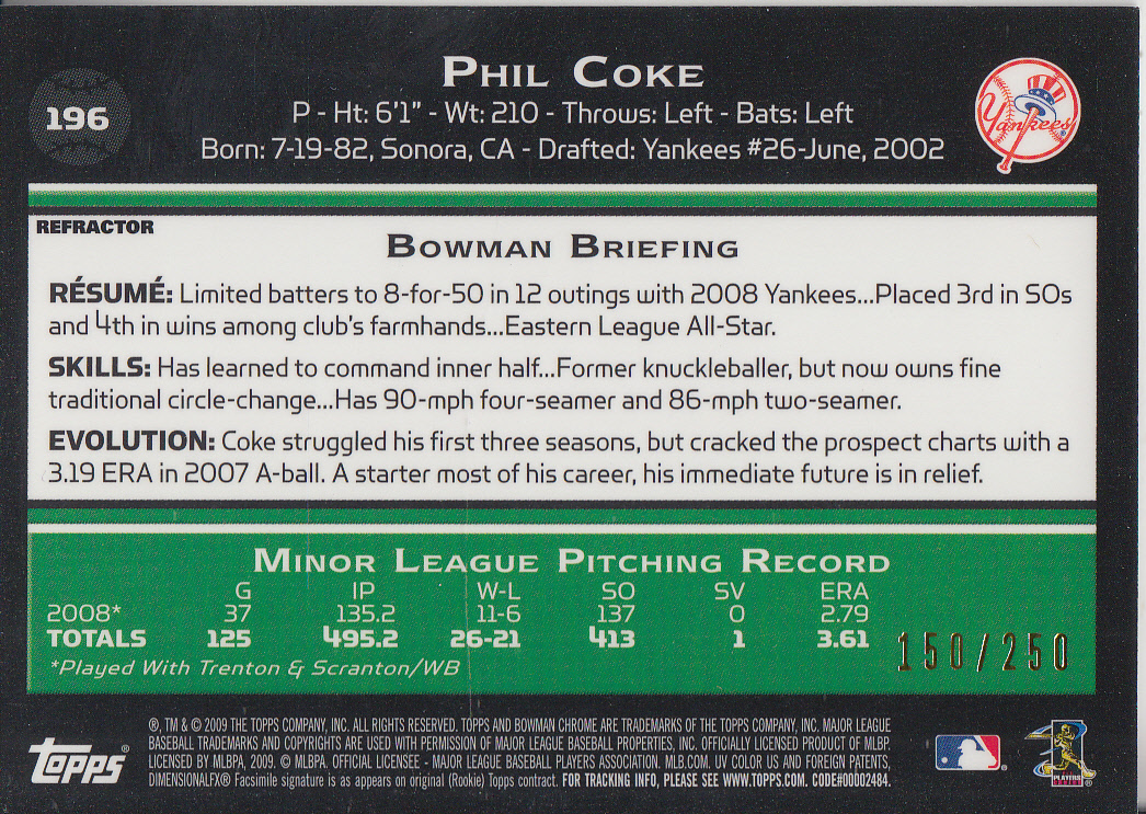 2009 Bowman Chrome X-Fractors #196 Phil Coke back image