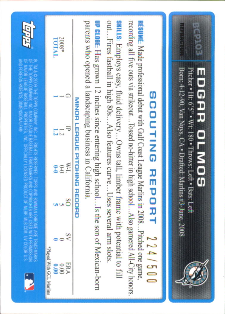 2009 Bowman Chrome Prospects Refractors #BCP103 Edgar Olmos AU back image