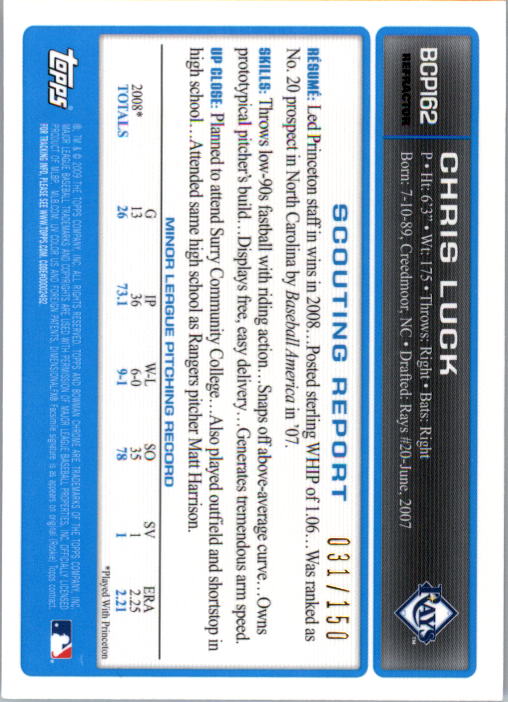 2009 Bowman Chrome Prospects Blue Refractors #BCP162 Chris Luck back image