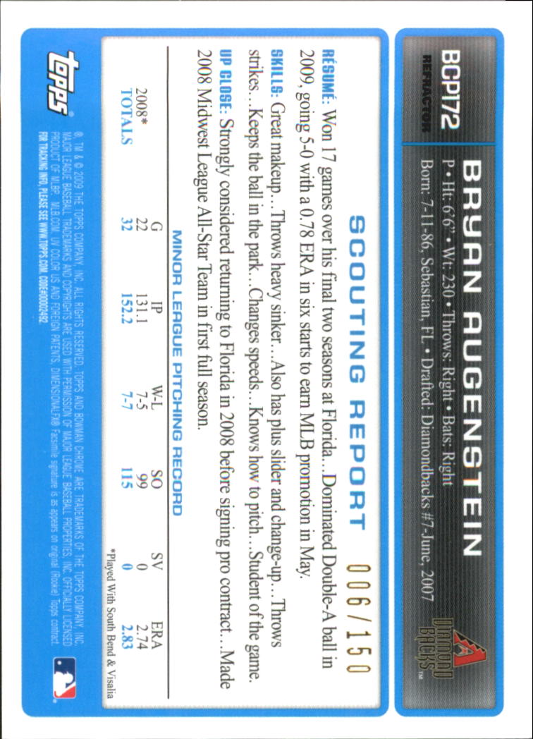 2009 Bowman Chrome Prospects Blue Refractors #BCP172 Bryan Augenstein back image