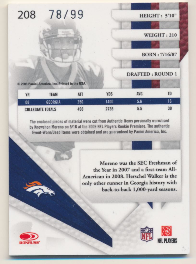 2009 Absolute Memorabilia Rookie Premiere Materials Oversize Jersey Number #208 Knowshon Moreno back image