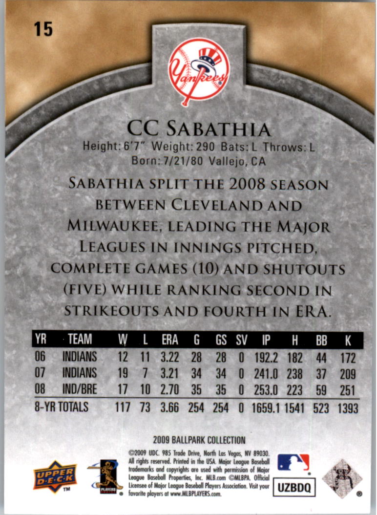 2009 Upper Deck Ballpark Collection #15 CC Sabathia back image