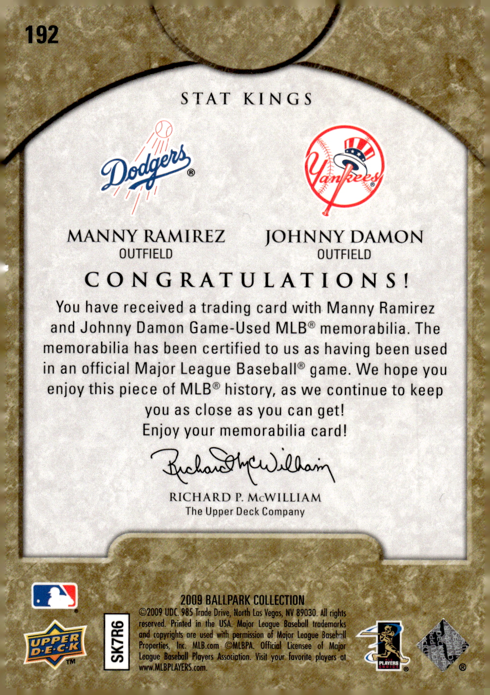 2009 Upper Deck Ballpark Collection #192 Manny Ramirez/Johnny Damon/300 back image