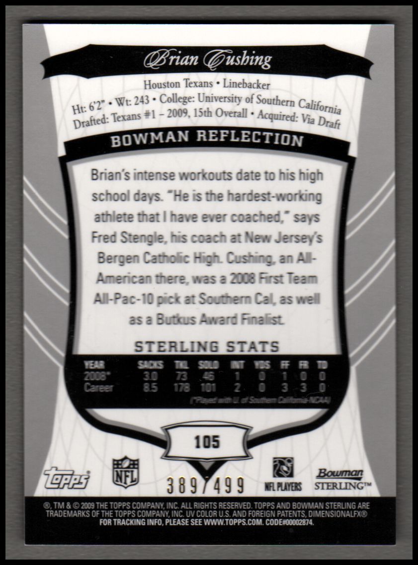 2009 Bowman Sterling #105 Brian Cushing AU/499 RC back image