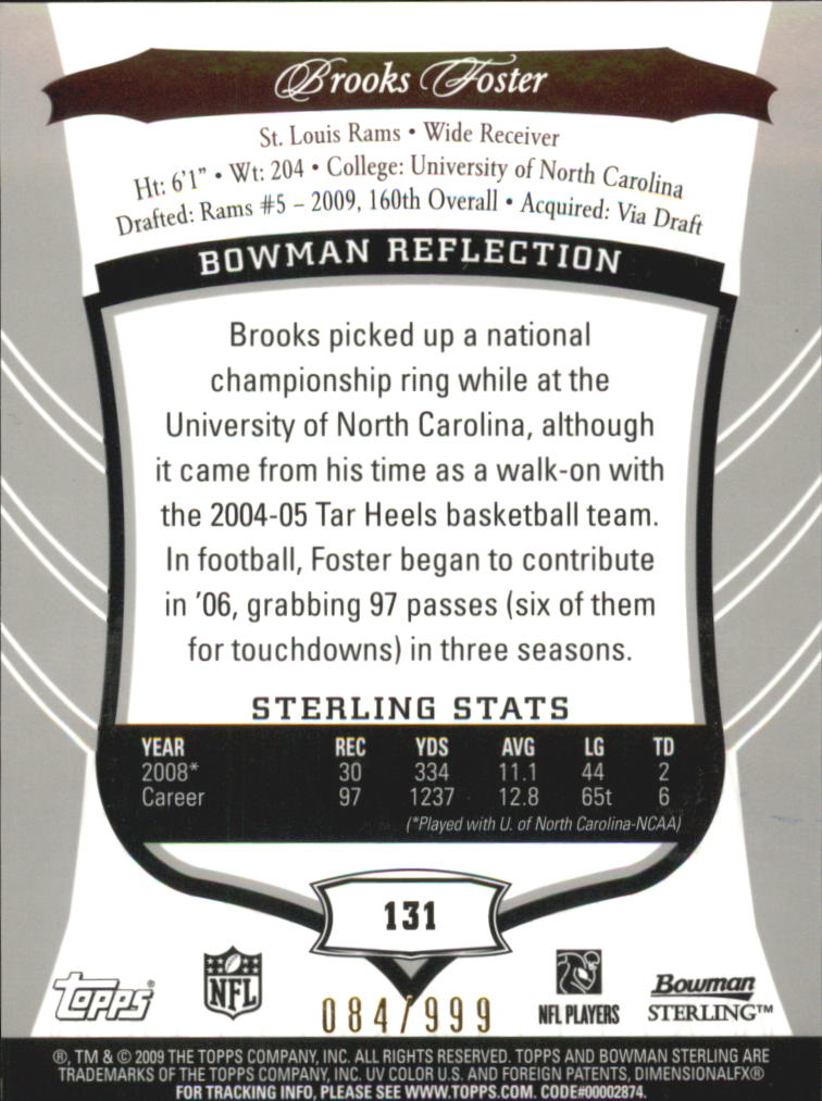 2009 Bowman Sterling #131 Brooks Foster AU/999 RC back image