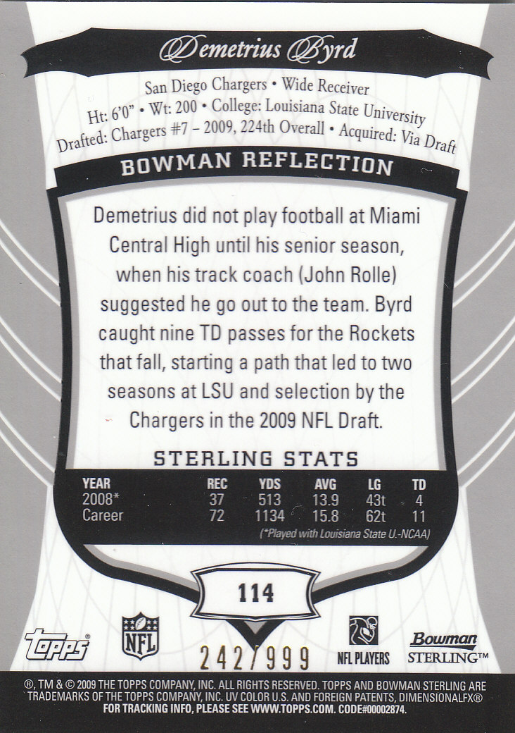2009 Bowman Sterling #114 Demetrius Byrd AU/999 RC back image