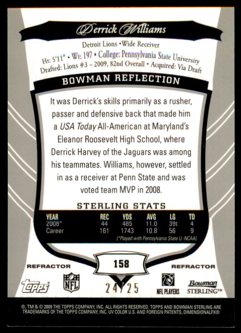 2009 Bowman Sterling Gold Refractors #158A Derrick Williams JSY back image