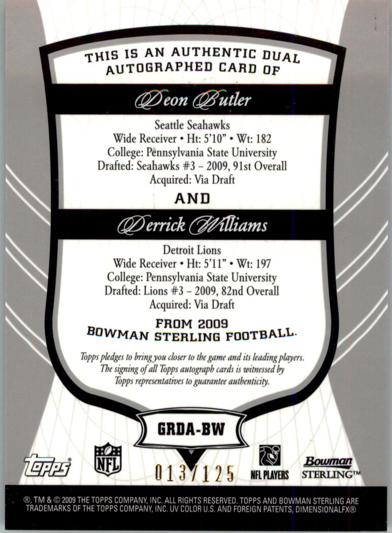 2009 Bowman Sterling Dual Autograph Gold Refractors #BW Deon Butler/125/Derrick Williams back image