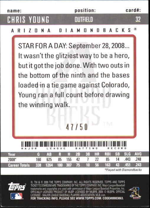 2009 Topps Ticket to Stardom Gold #32 Chris Young back image