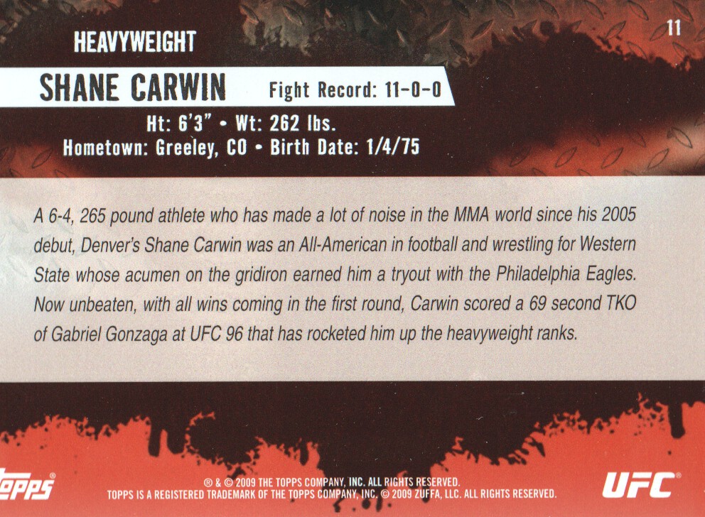 2009 Topps UFC #11 Shane Carwin RC back image