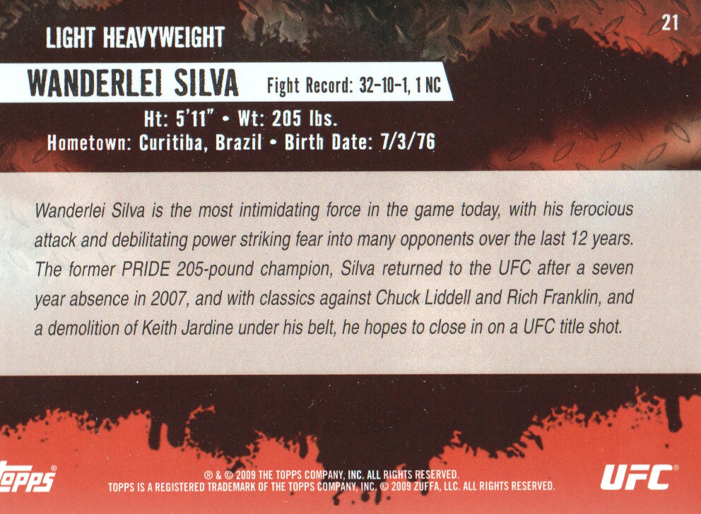 2009 Topps UFC #21 Wanderlei Silva RC back image