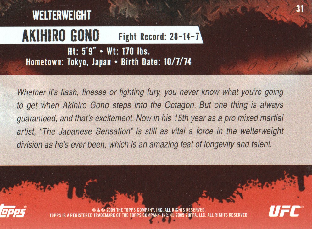 2009 Topps UFC #31 Akihiro Gono RC back image