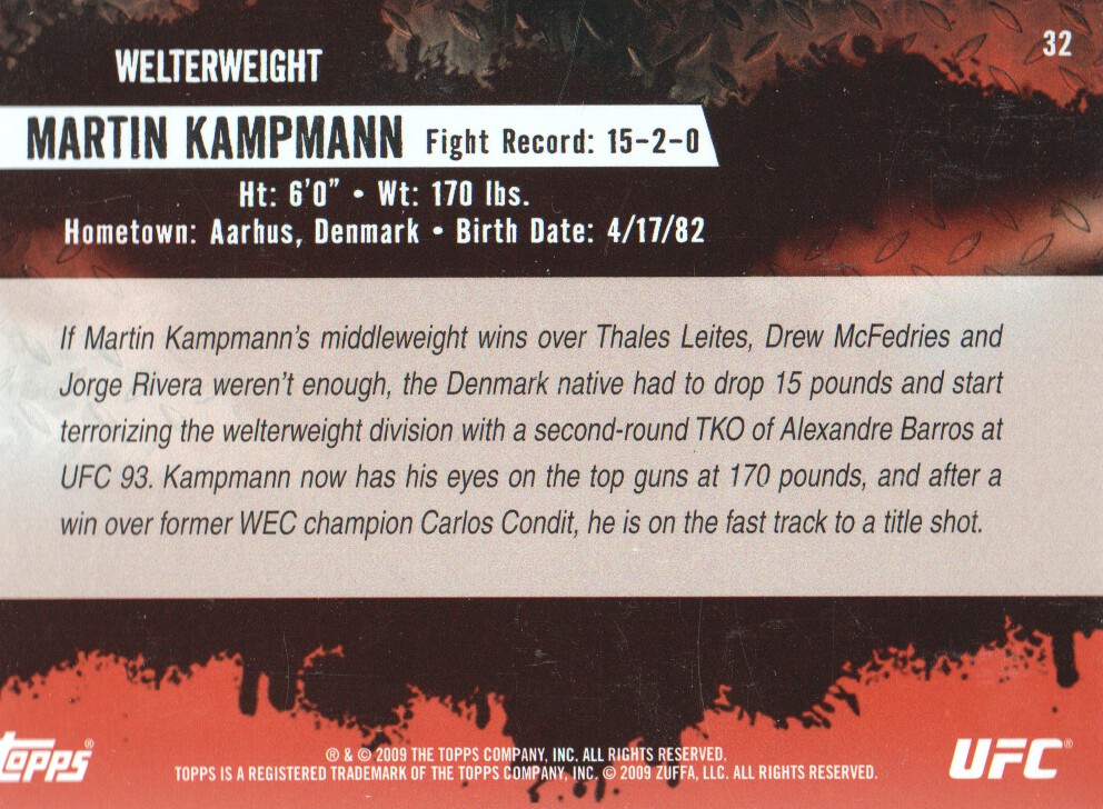 2009 Topps UFC #32 Martin Kampmann RC back image