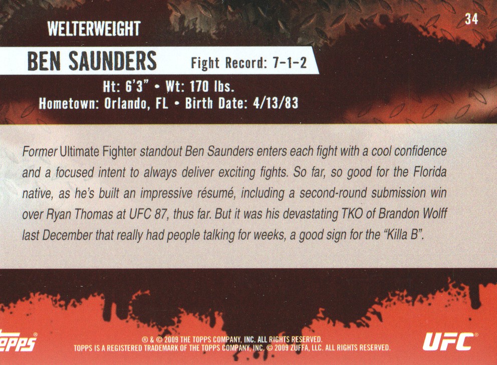 2009 Topps UFC #34 Ben Saunders RC back image