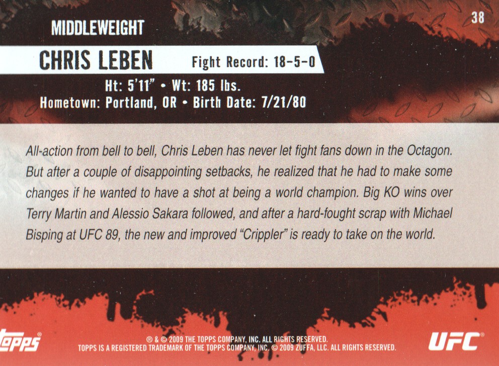 2009 Topps UFC #38 Chris Leben RC back image