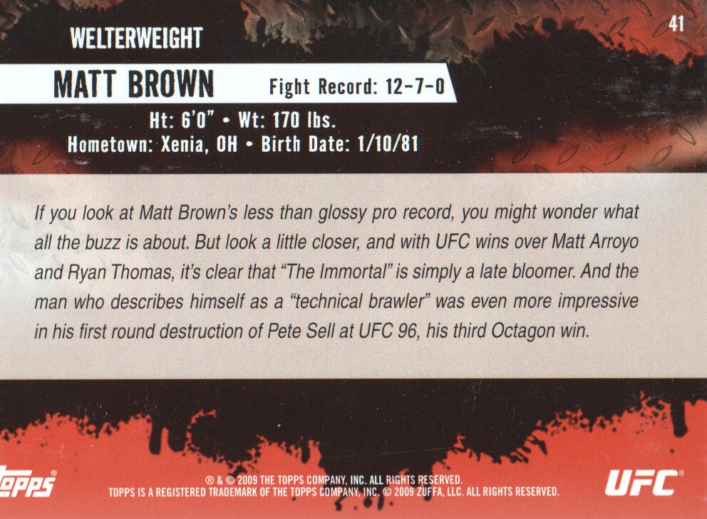 2009 Topps UFC #41 Matt Brown RC back image