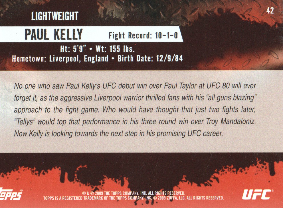 2009 Topps UFC #42 Paul Kelly RC back image