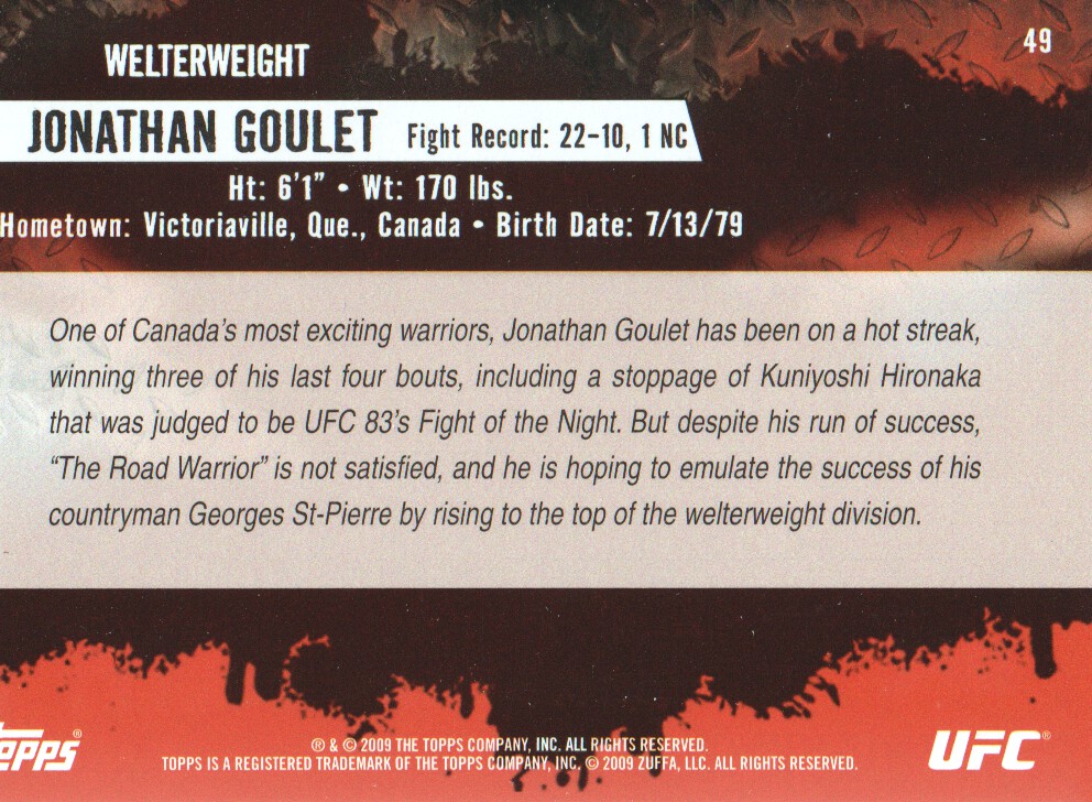 2009 Topps UFC #49 Jonathan Goulet RC back image