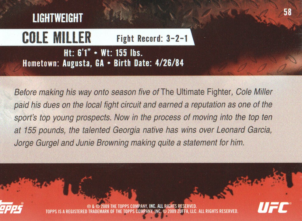 2009 Topps UFC #58 Cole Miller RC back image