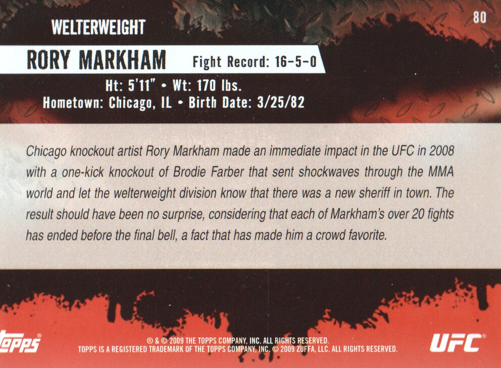 2009 Topps UFC #80 Rory Markham RC back image