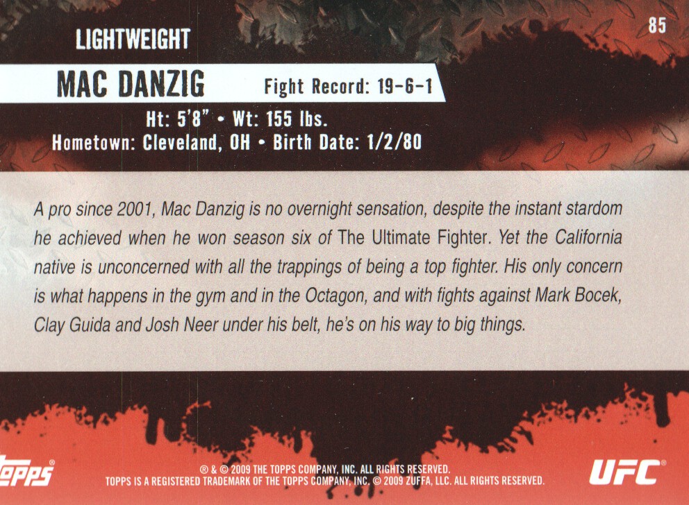 2009 Topps UFC #85 Mac Danzig RC back image