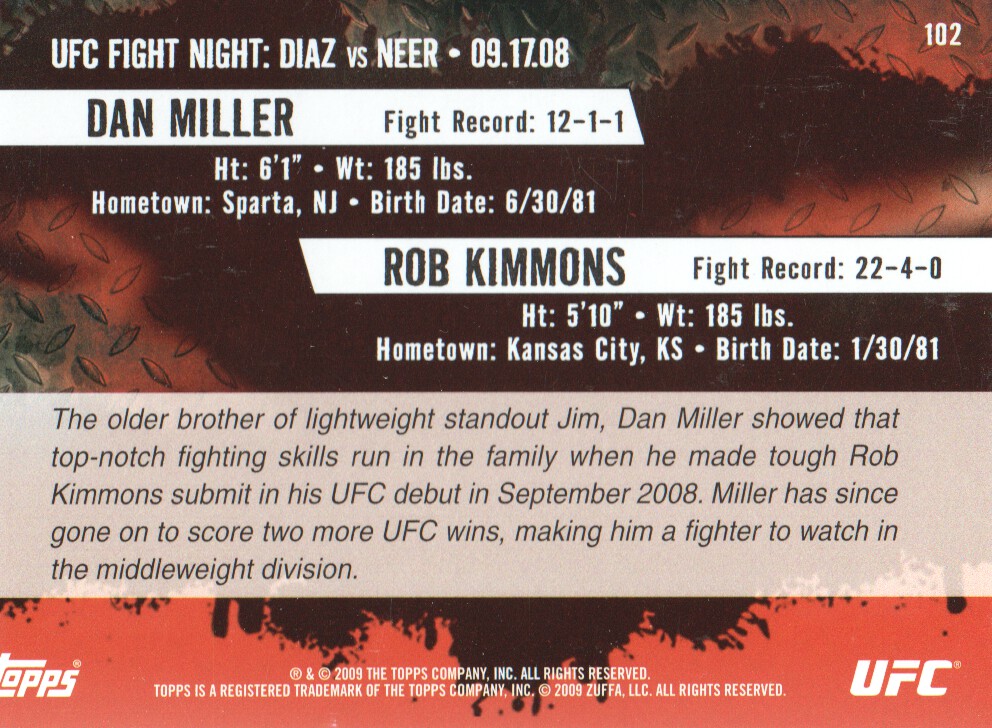 2009 Topps UFC #102 Dan Miller RC vs. Rob Kimmons back image
