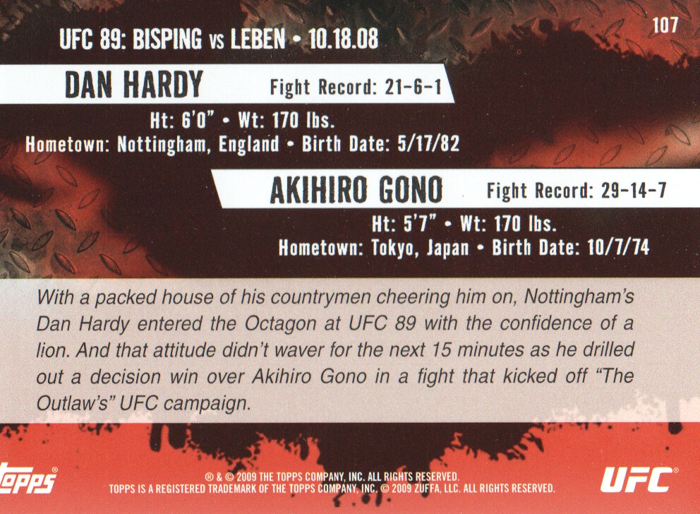 2009 Topps UFC #107 Dan Hardy RC vs. Akihiro Gono back image