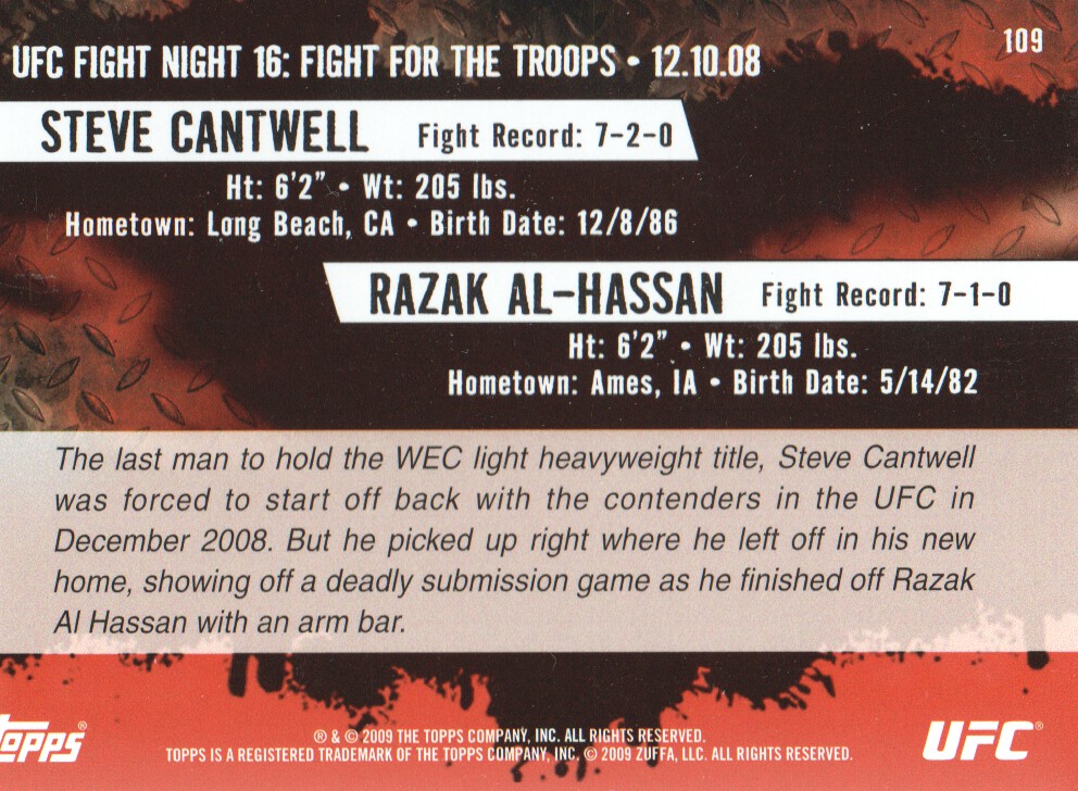 2009 Topps UFC #109 Steve Cantwell RC vs. Razak Al-Hassan back image