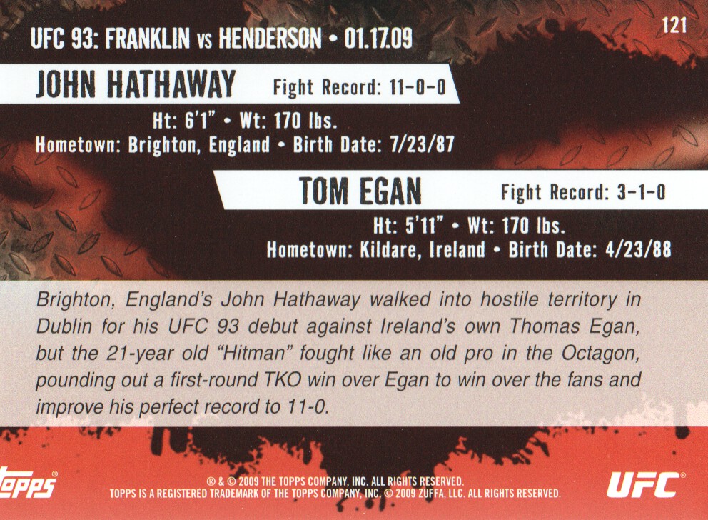 2009 Topps UFC #121 John Hathaway RC vs. Tom Egan back image