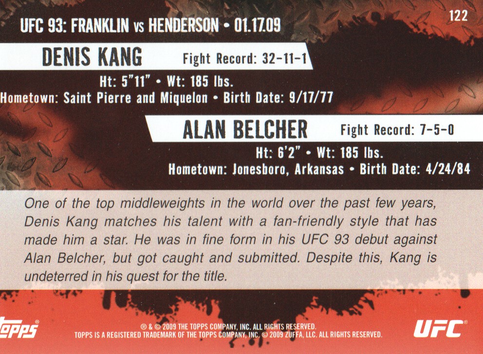 2009 Topps UFC #122 Denis Kang RC vs. Alan Belcher back image