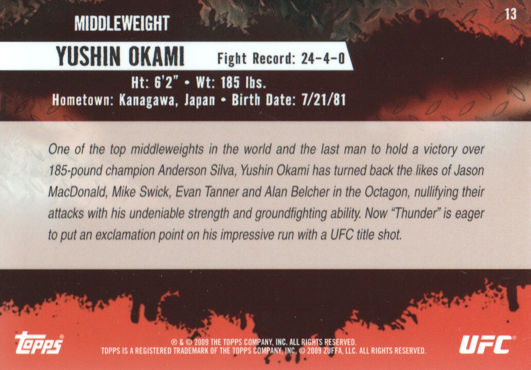 2009 Topps UFC Gold #13 Yushin Okami back image