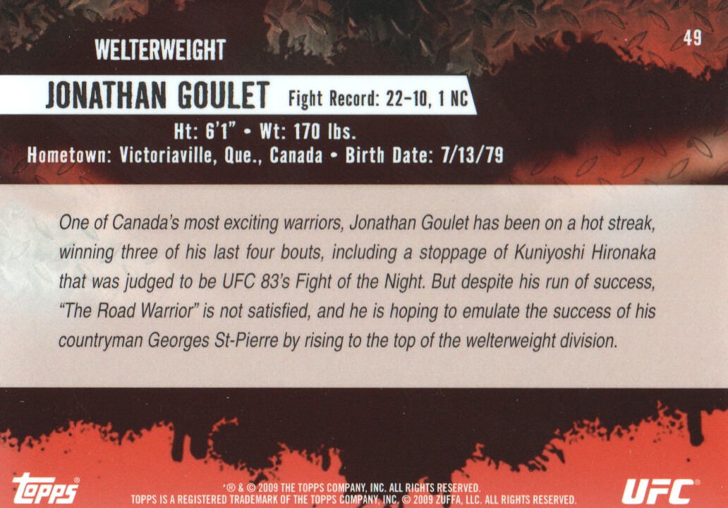 2009 Topps UFC Gold #49 Jonathan Goulet back image