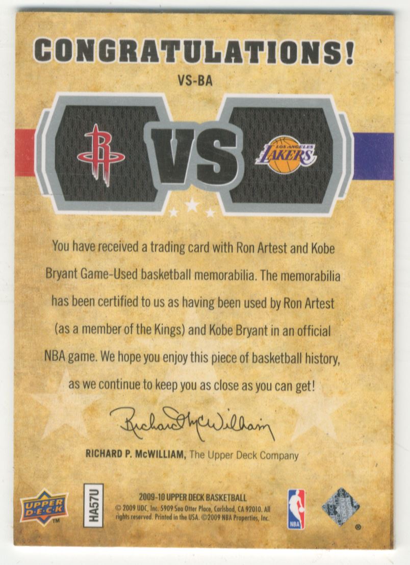 2009-10 Upper Deck VS Dual Materials #VSBA Kobe Bryant/Ron Artest back image