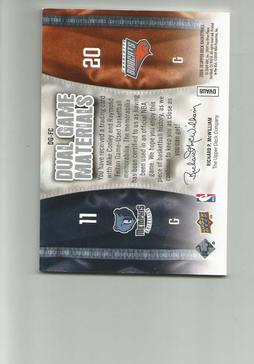 2009-10 Upper Deck Game Materials Dual #DGFC Mike Conley Jr./Raymond Felton back image