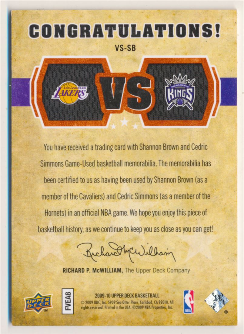 2009-10 Upper Deck VS Dual Materials Bronze #VSSB Cedric Simmons/Shannon Brown