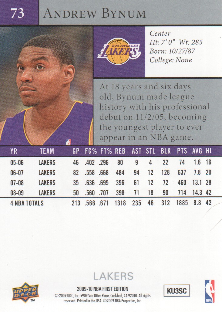 2009-10 Upper Deck First Edition #73 Andrew Bynum back image