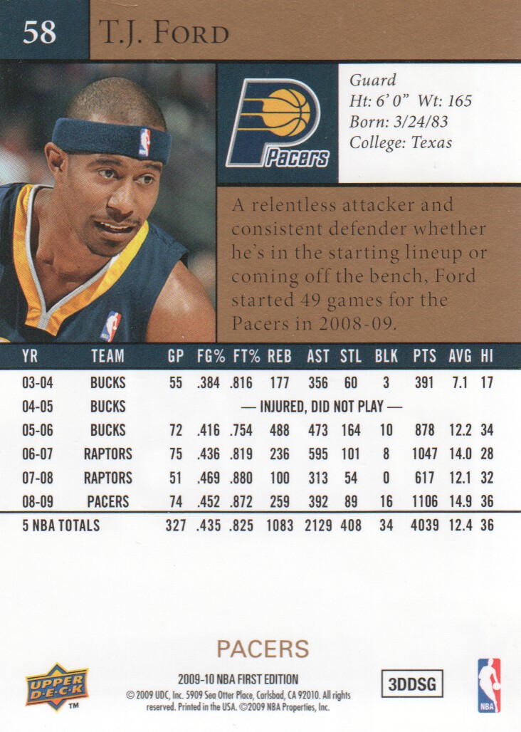 2009-10 Upper Deck First Edition Gold #58 T.J. Ford back image