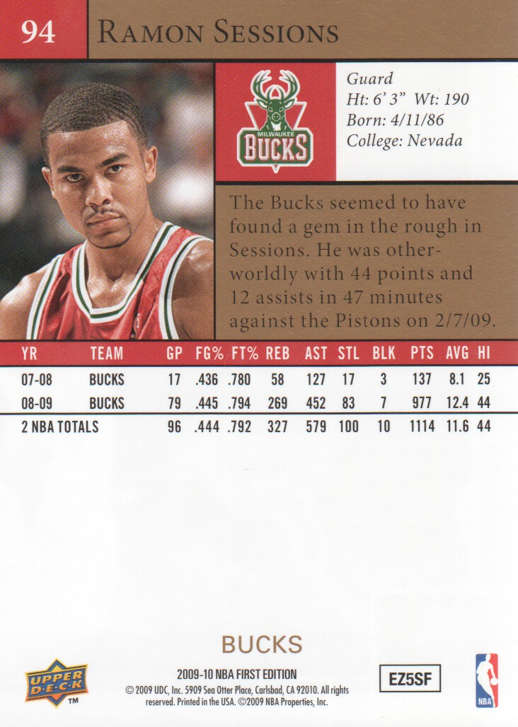 2009-10 Upper Deck First Edition Gold #94 Ramon Sessions back image