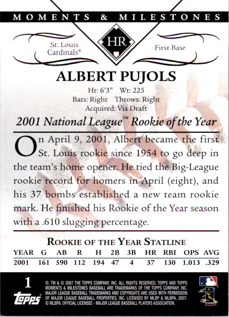 2007 Topps Moments and Milestones #1-2 Albert Pujols/HR 2 back image