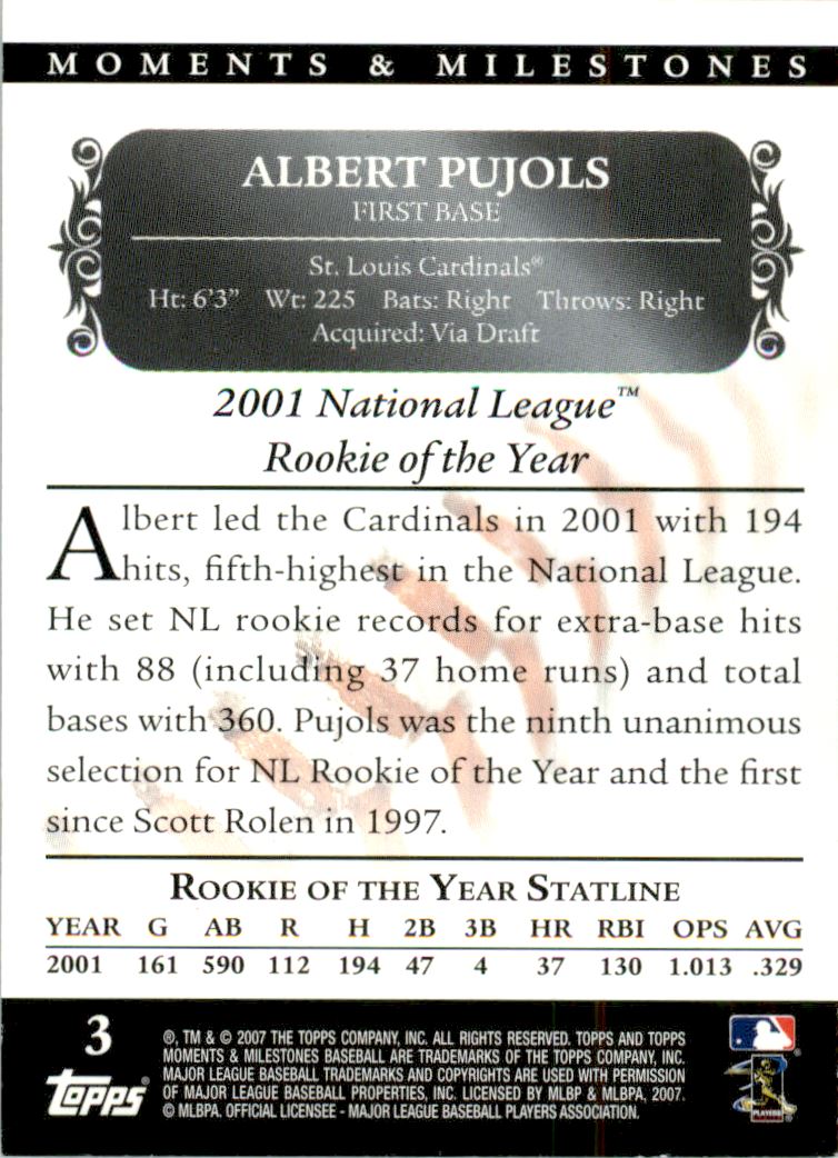 2007 Topps Moments and Milestones #3-55 Albert Pujols/Hit 55 back image