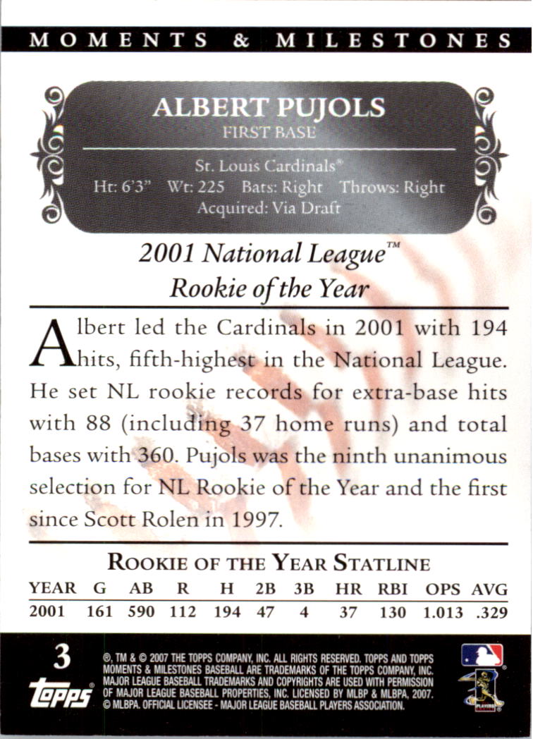 2007 Topps Moments and Milestones #3-193 Albert Pujols/Hit 193 back image